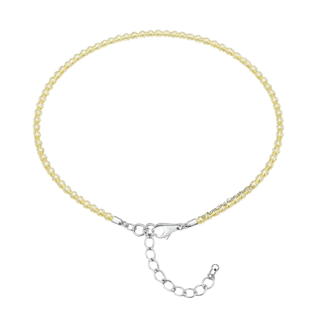 Lemon Quartz Crystal Anklet - 2mm Faceted Bead (Silver)