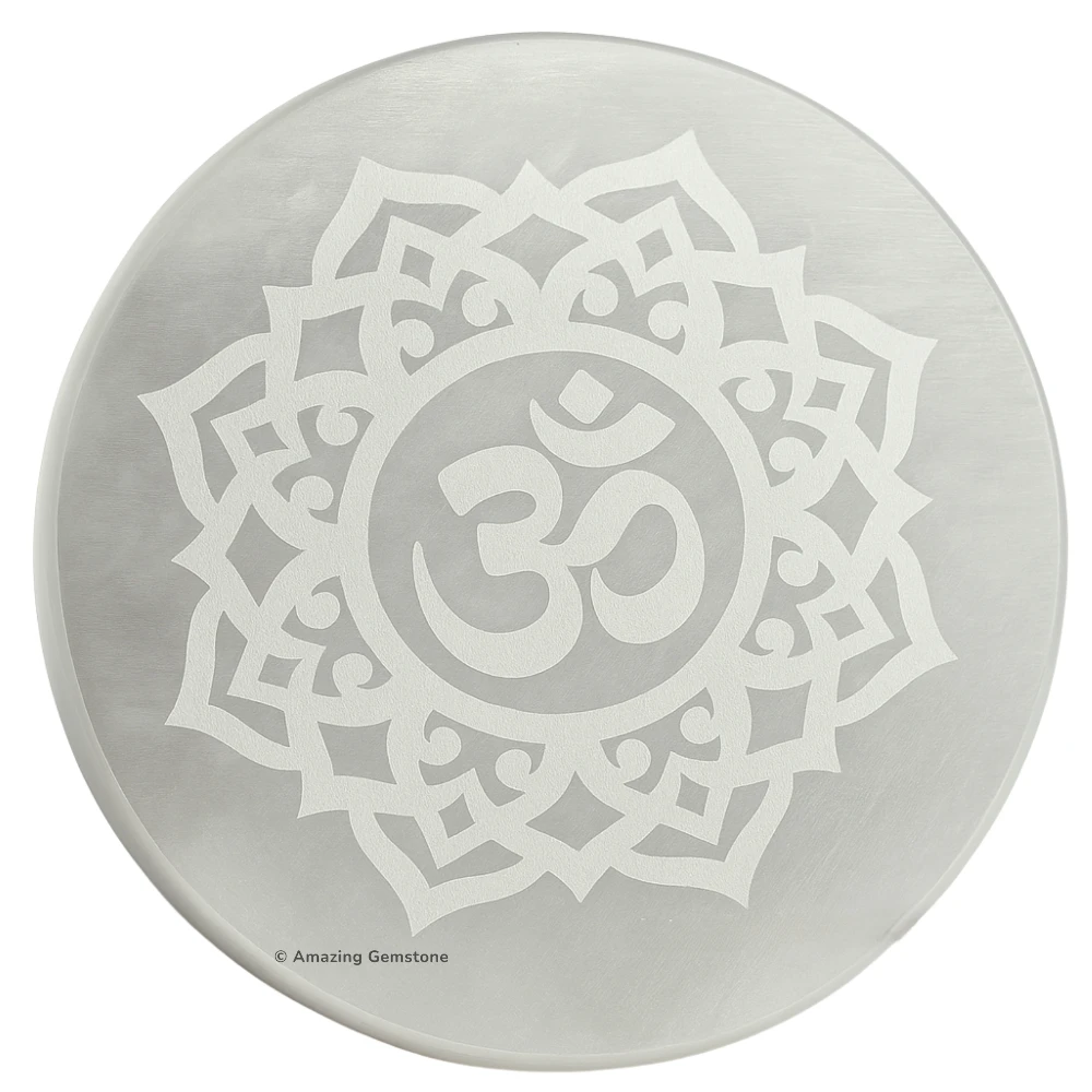 Selenite Charging Plate for Crystals - Om FOL (4 Inch)