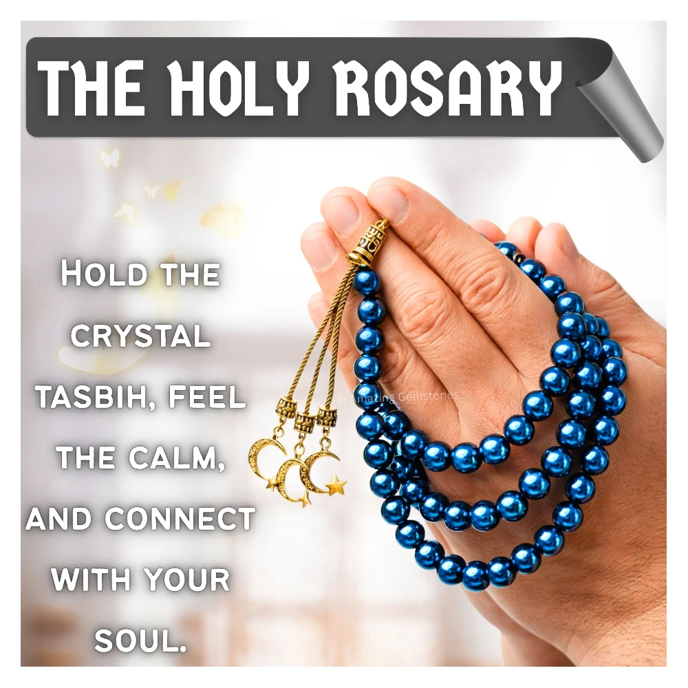 Blue Hematite Crystal Tasbeeh Sibha Prayer Beads (Gold)