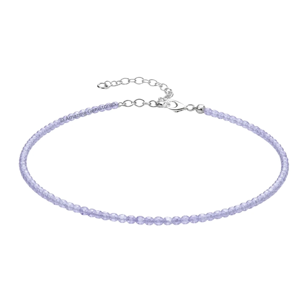 Purple Chalcedony Crystal Anklet - 2mm Faceted Bead (Silver)