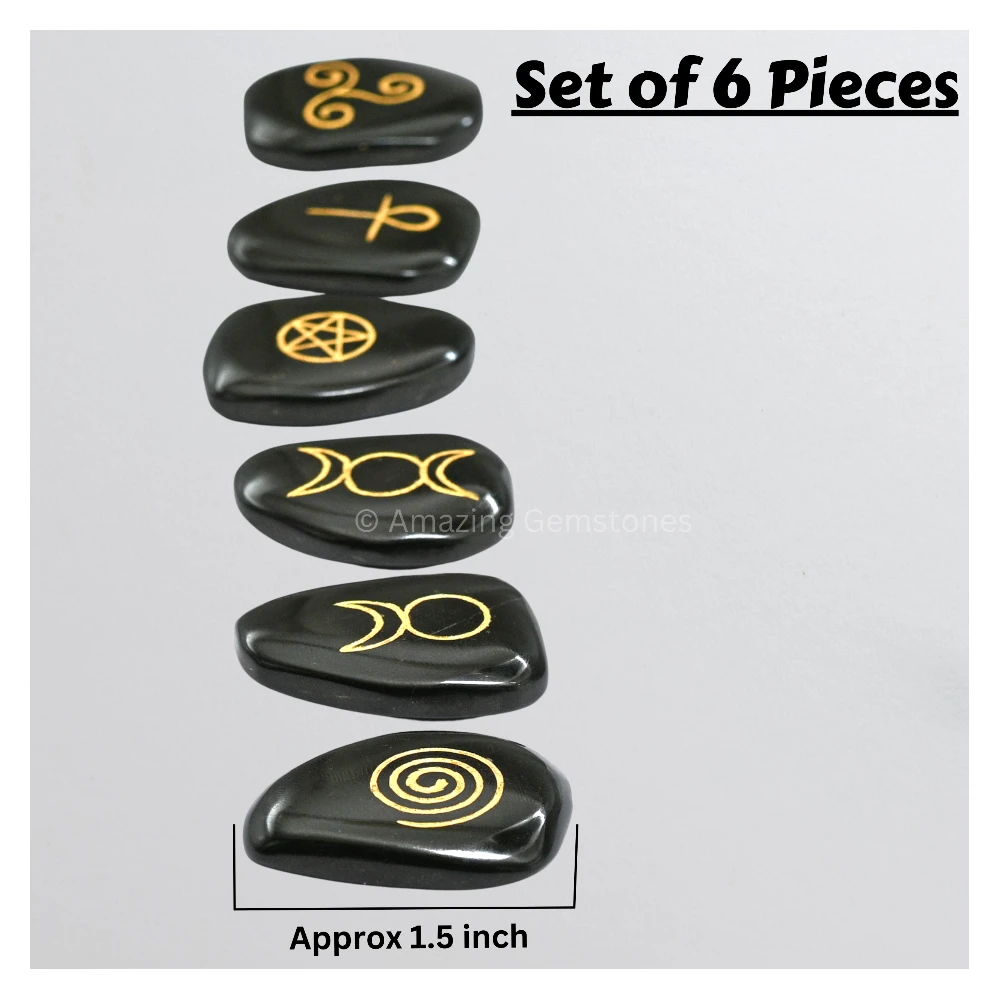 Black Agate Moon Pentagram Reiki Pagan Stones (Set of 6)
