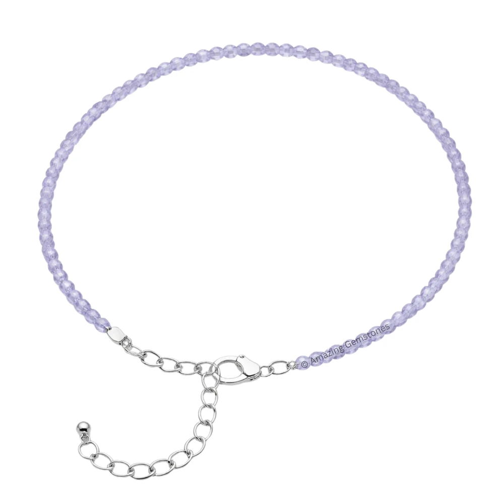 Purple Chalcedony Crystal Anklet - 2mm Faceted Bead (Silver)