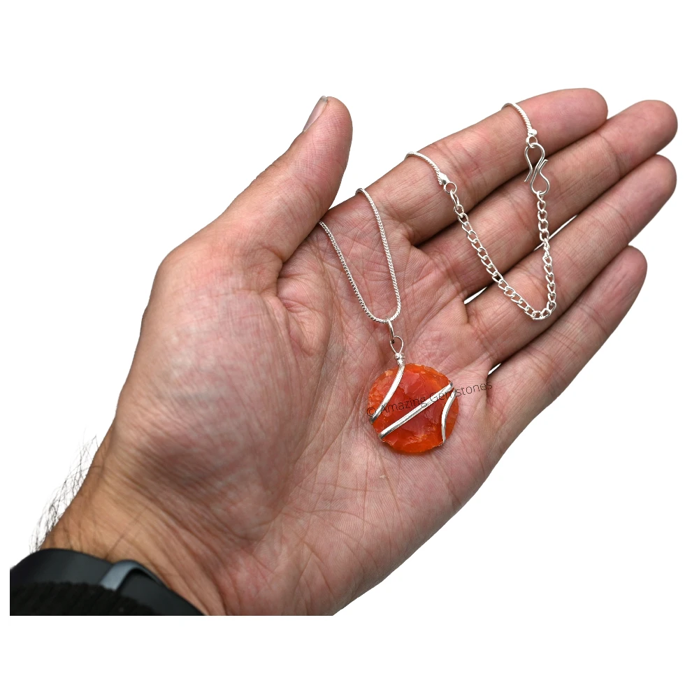 Carnelian Necklace - Raw Disc Crystal (Silver)