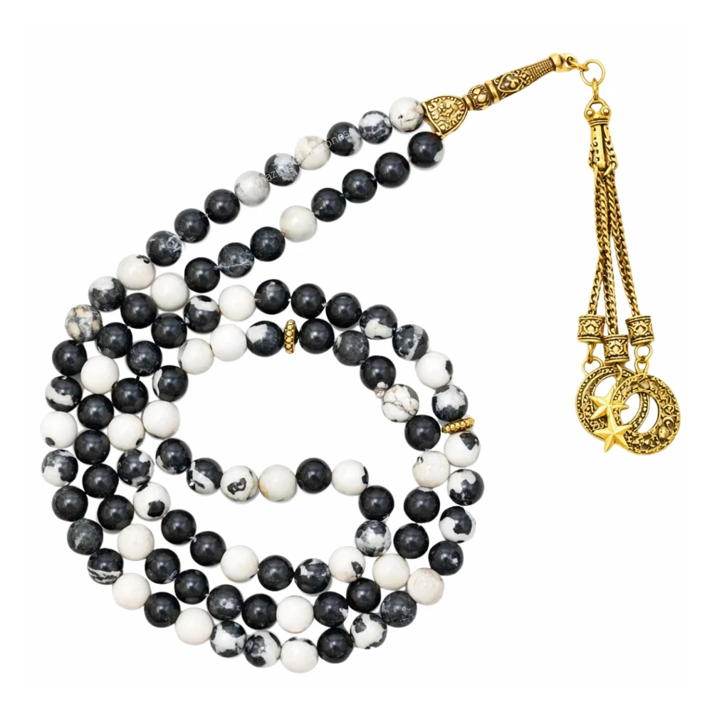 Black and White Jasper Crystal Tasbeeh Sibha Prayer Beads (Gold)