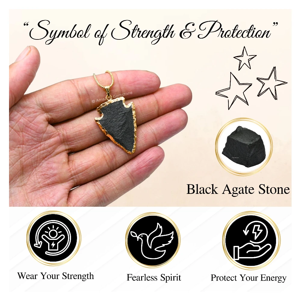 Black Agate Arrowhead Pendant - Gold Plated