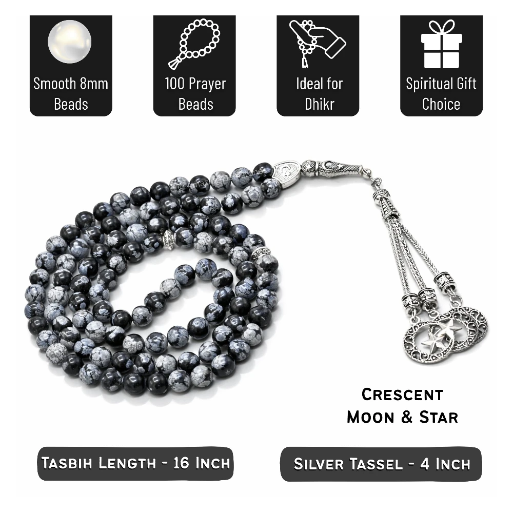 Snowflake Obsidian Crystal Tasbeeh Sibha Prayer Beads (Silver)