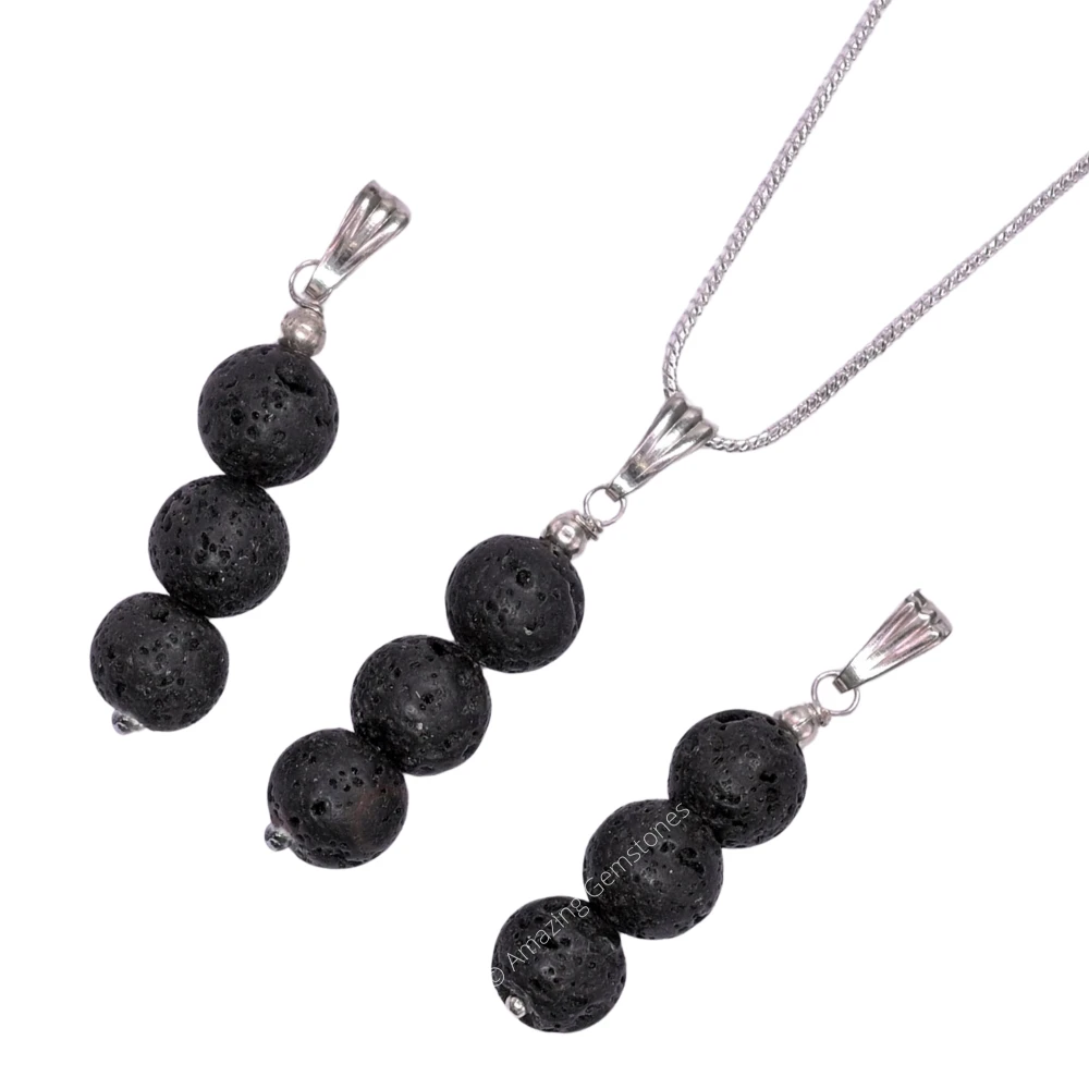 Lava Stone Bead Pendant (Silver)