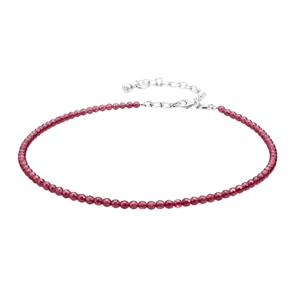Pink Garnet Crystal Anklet - 2mm Faceted Bead (Silver)