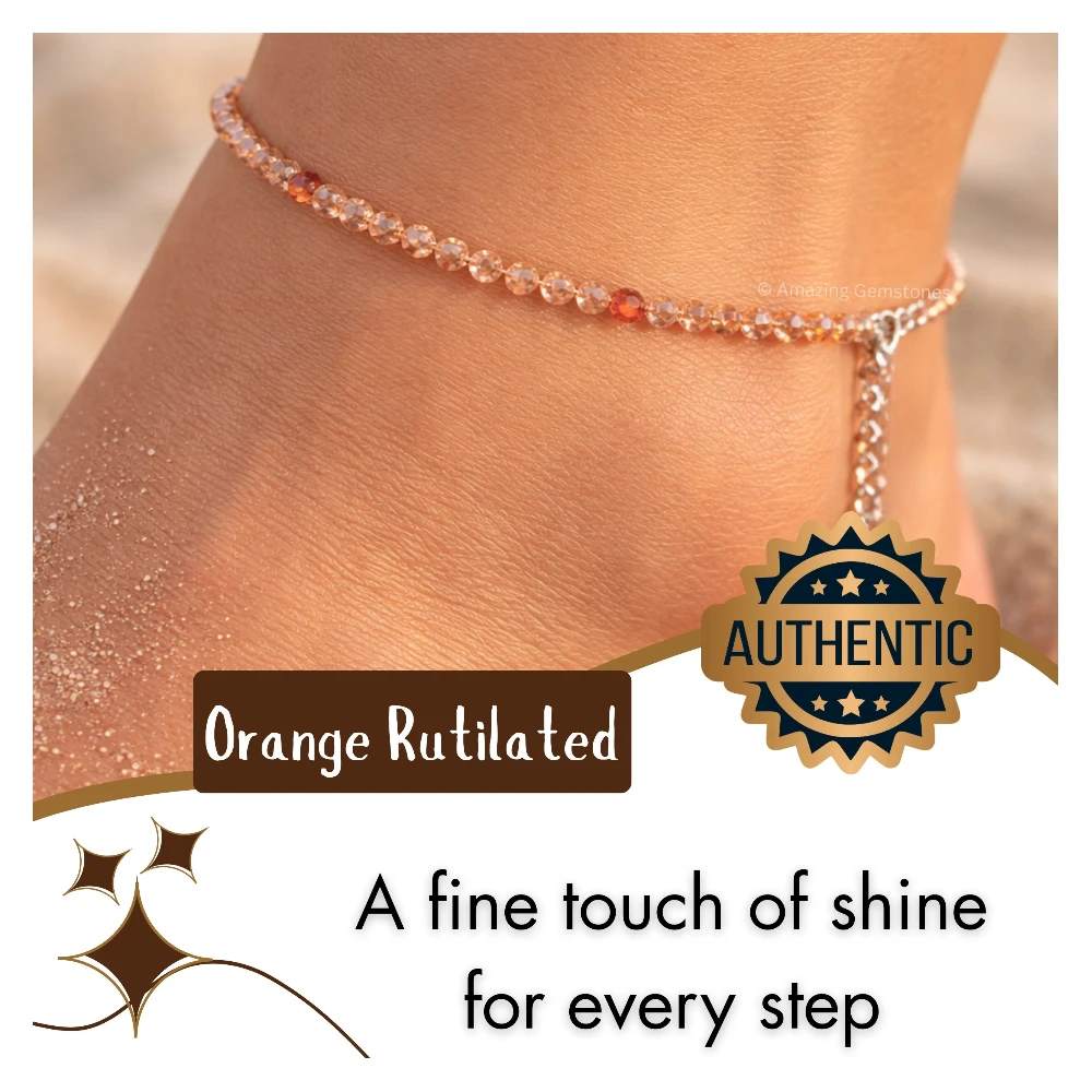 Orange Rutilated Quartz Crystal Anklet - 2mm Faceted Bead (Silver)