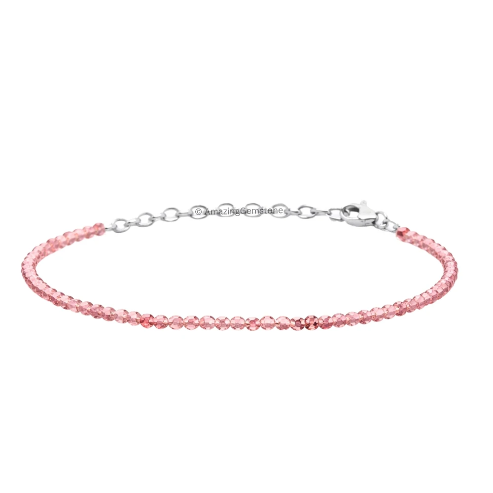 Pink Strawberry Crystal Bracelet - 2mm Faceted Bead (Silver)
