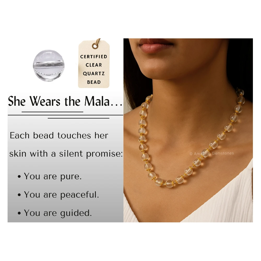 Crystal Quartz Sphatik Mala Necklace (Gold Chain)