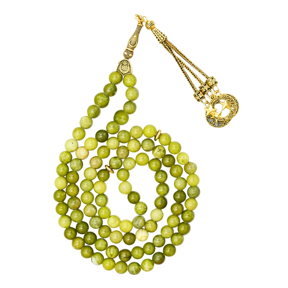 Green Jade Crystal Tasbeeh Sibha Prayer Beads (Gold)