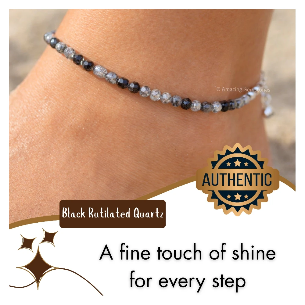 Black Rutilated Quartz Crystal Anklet - 2mm Faceted Bead (Silver)