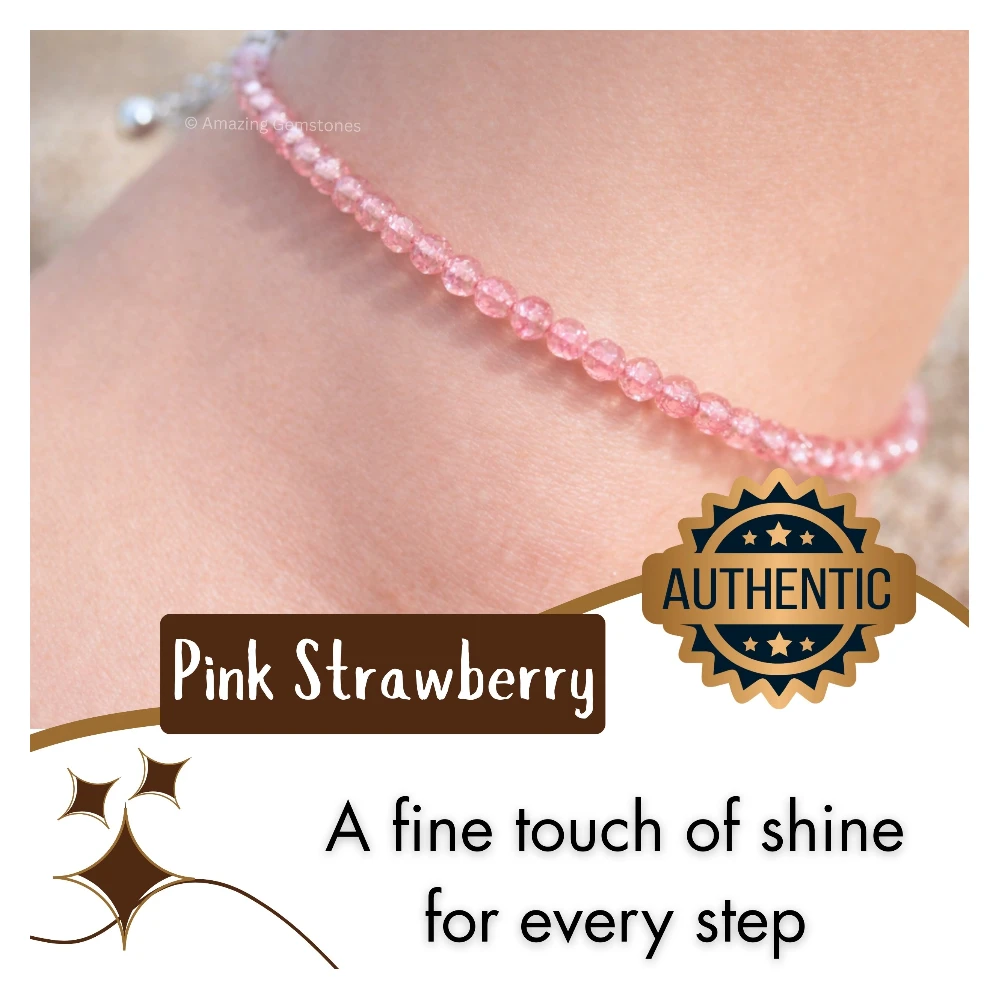 Pink Strawberry Crystal Anklet - 2mm Faceted Bead (Silver)