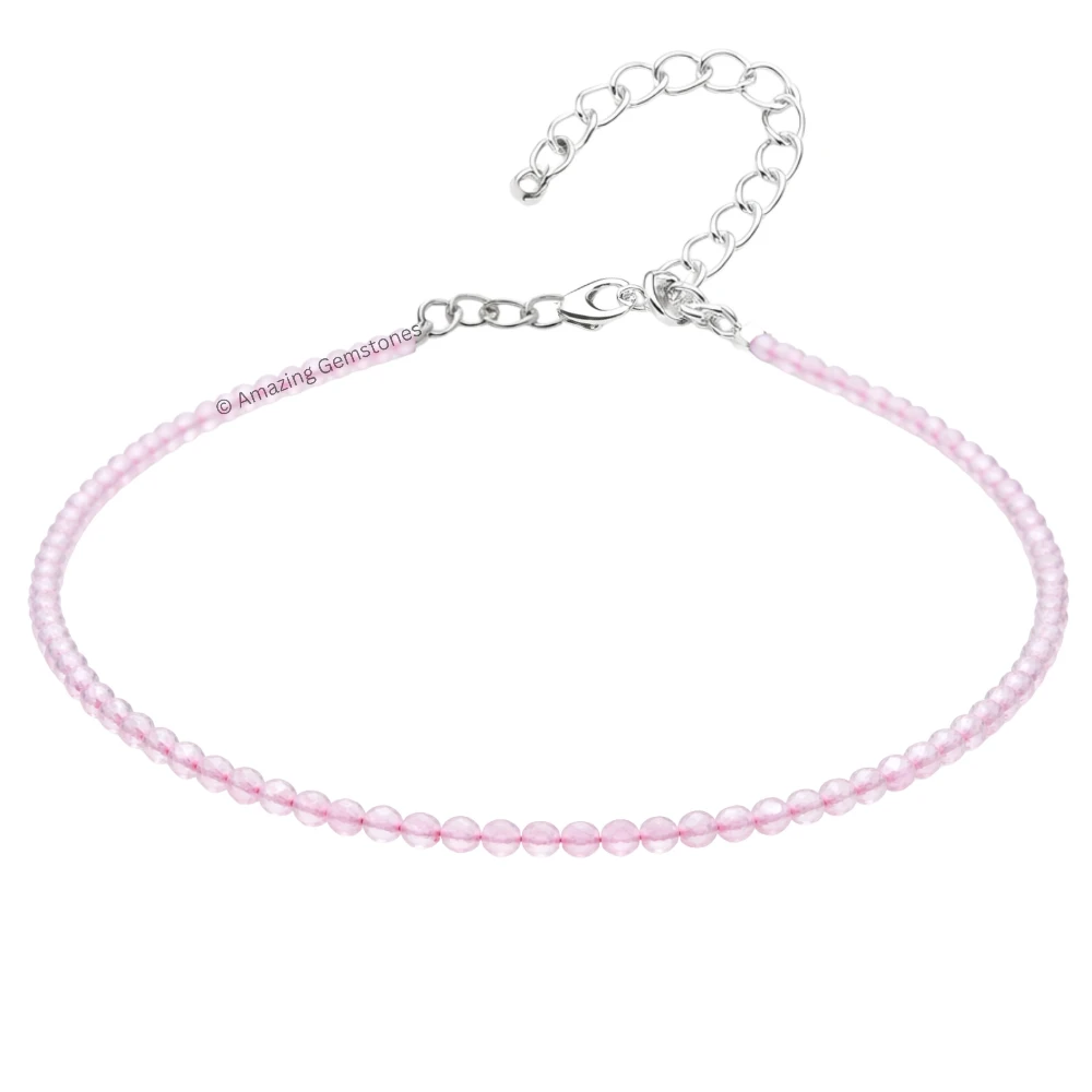 Rose Quartz Crystal Anklet - 2mm Faceted Bead (Silver)
