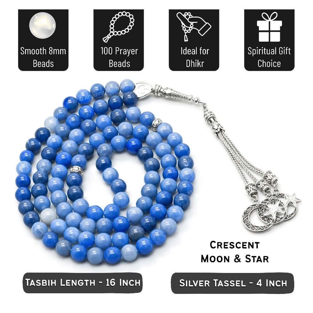 Blue Aventurine Crystal Tasbeeh Sibha Prayer Beads (Silver)