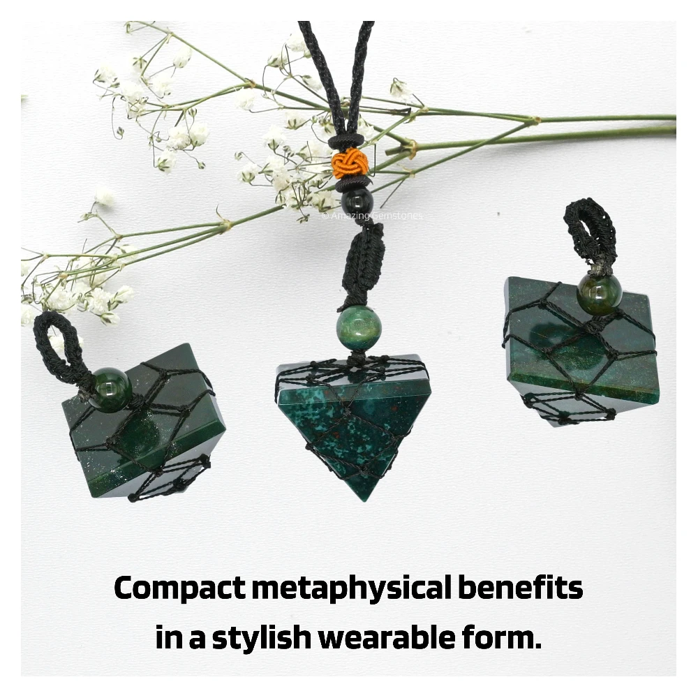 Bloodstone Pyramid Pendant Necklace (Macrame)