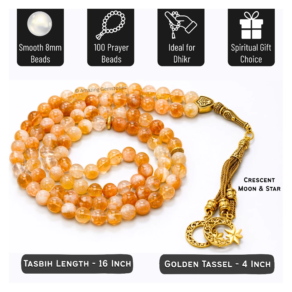 Natural Citrine Crystal Tasbeeh Sibha Prayer Beads (Gold)
