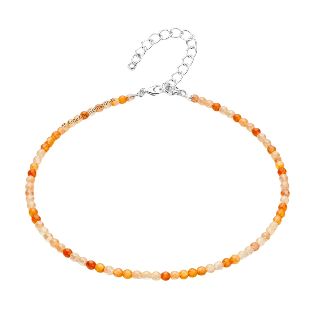 Rutilated Quartz Crystal Anklet - 2mm Faceted Bead (Silver)