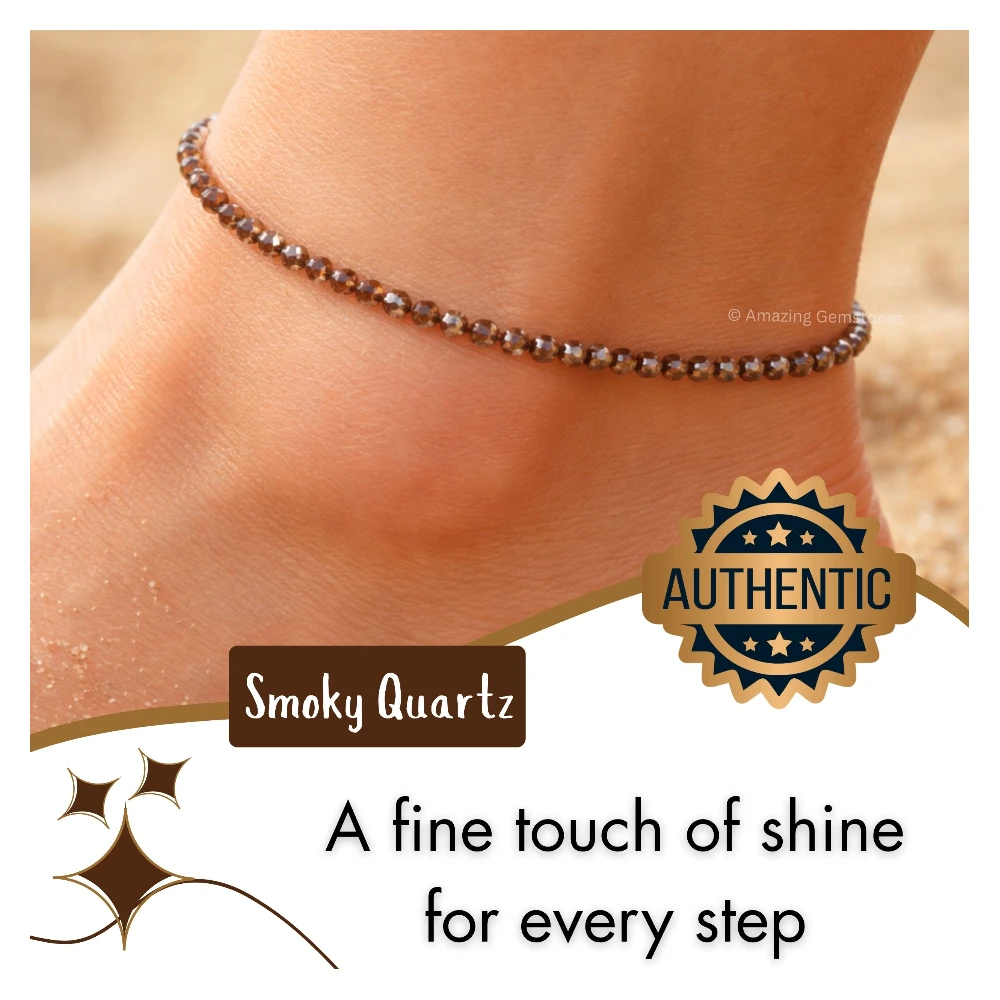 Smoky Quartz Crystal Anklet - 2mm Faceted Bead (Silver)