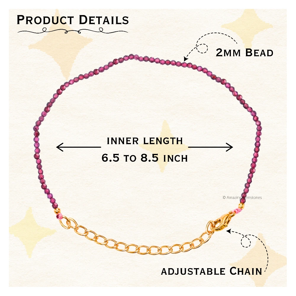 Pink Garnet Crystal Bracelet - 2mm Faceted Bead (Gold)