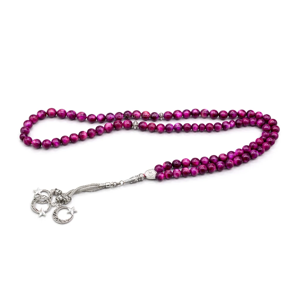 Pink Tiger Eye Crystal Tasbeeh Sibha Prayer Beads (Silver)