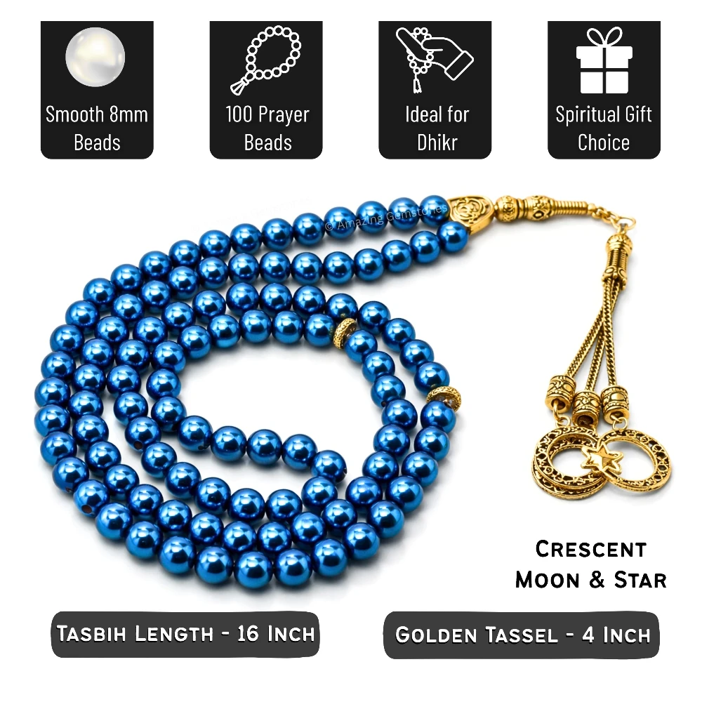 Blue Hematite Crystal Tasbeeh Sibha Prayer Beads (Gold)