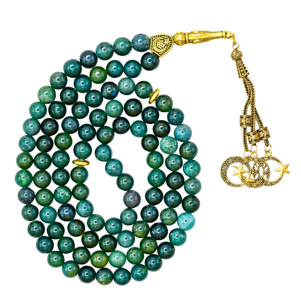 Moss Agate Crystal Tasbeeh Sibha Prayer Beads (Gold)
