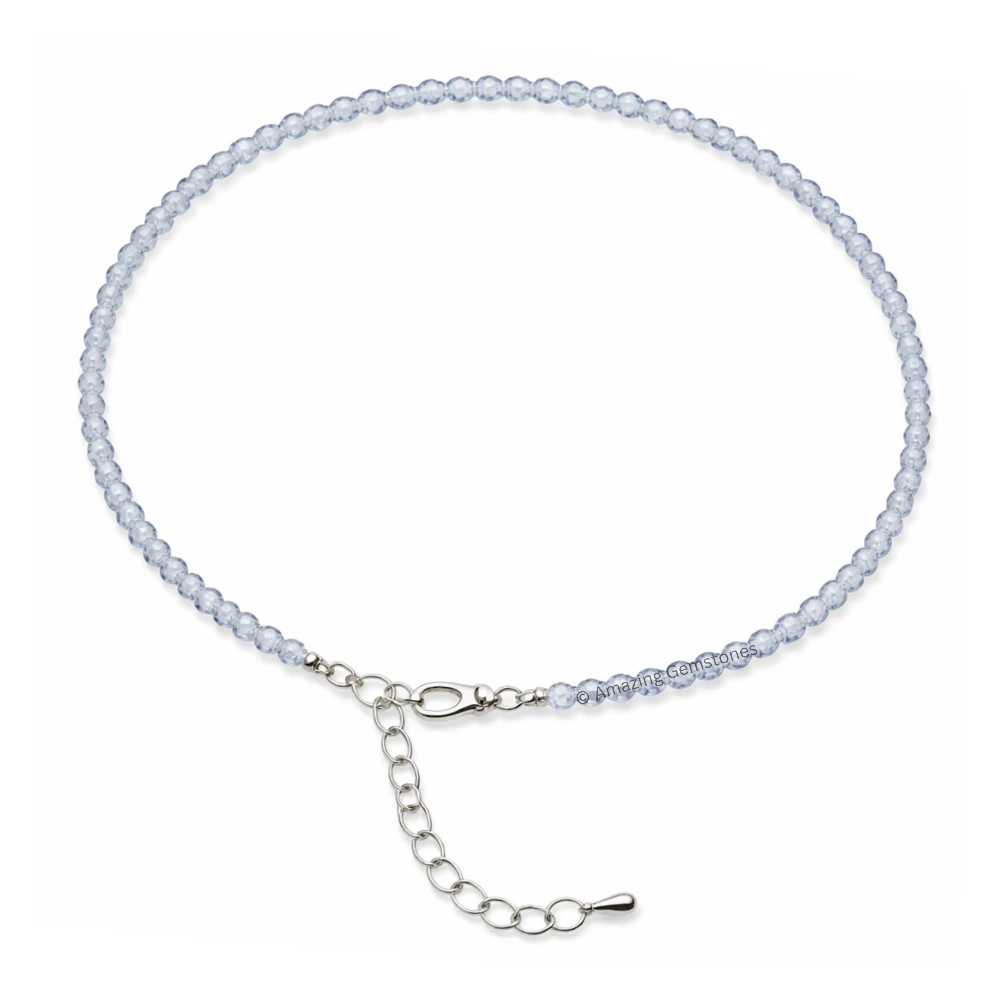 Blue Lace Chalcedony Crystal Anklet - 2mm Faceted Bead (Silver)