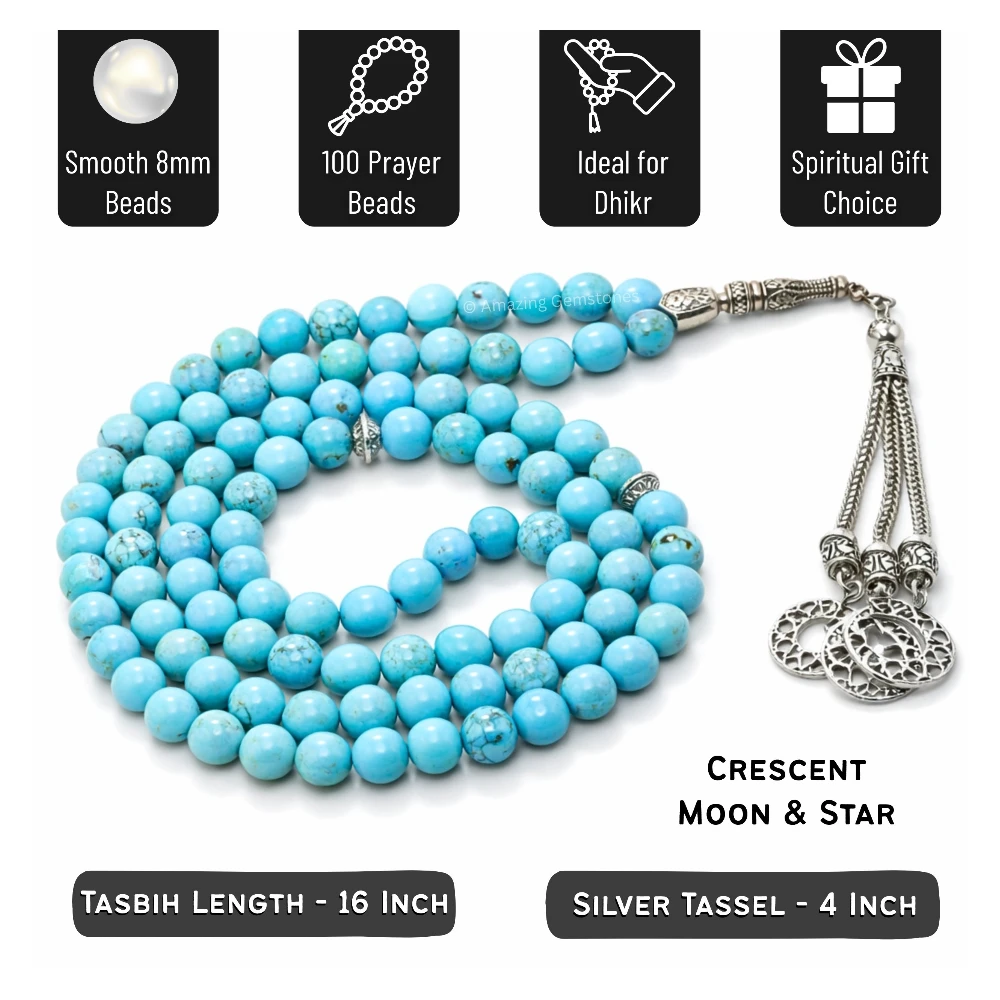 Magnesite Turquoise Crystal Tasbeeh Sibha Prayer Beads (Silver)