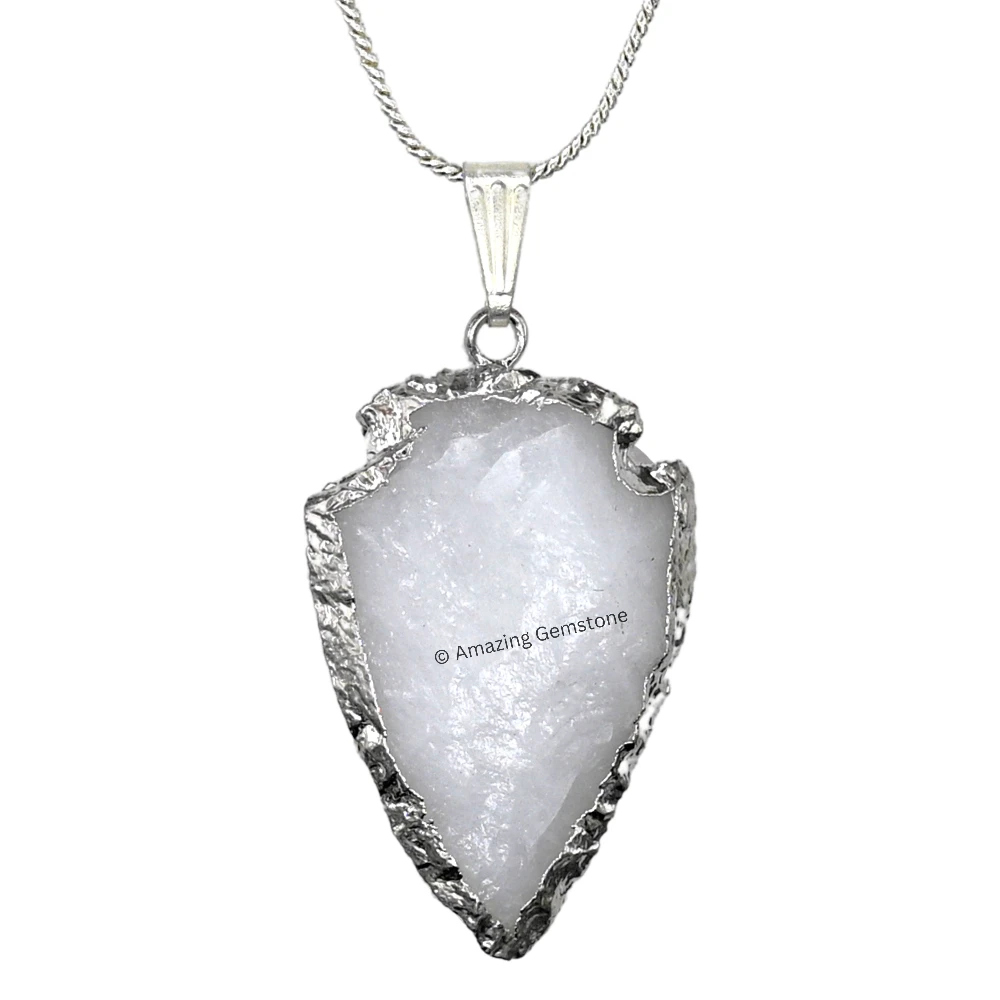 Snow Quartz Arrowhead Pendant - Silver Plated