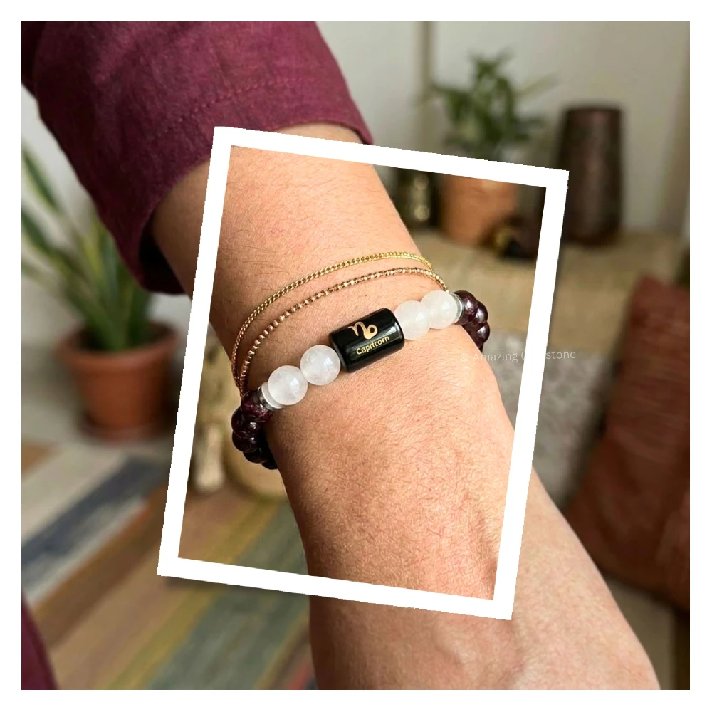 Capricorn Birthstone Bracelet - Garnet & Milky Quartz