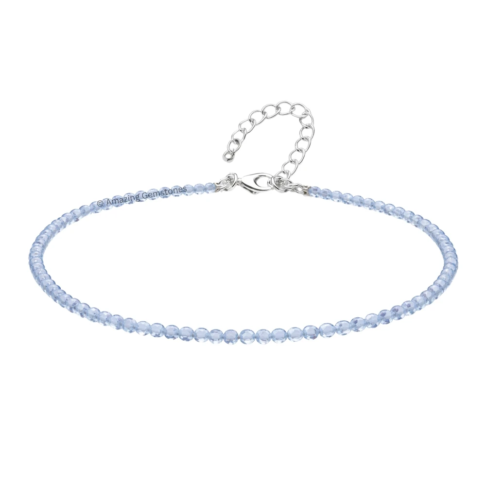 Blue Lace Chalcedony Crystal Anklet - 2mm Faceted Bead (Silver)