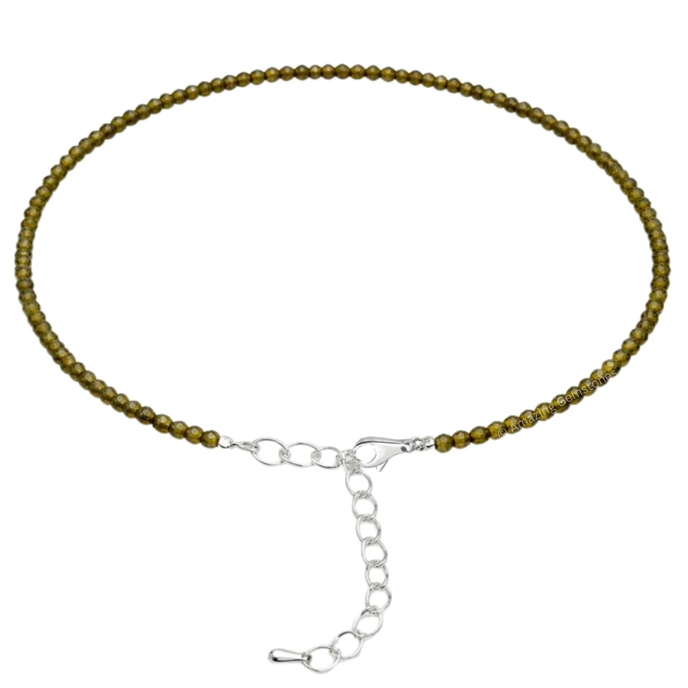 Green Cats Eye Crystal Anklet - 2mm Faceted Bead (Silver)