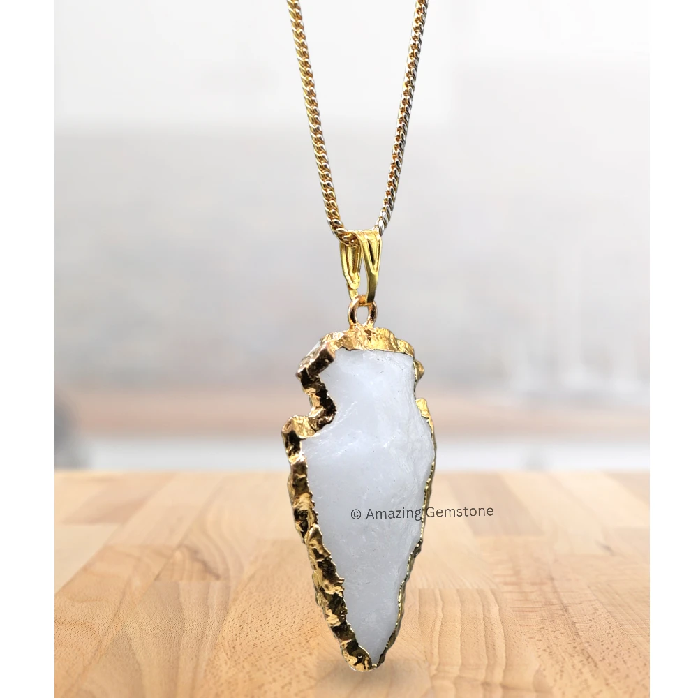 Snow Quartz Arrowhead Pendant - Gold Plated