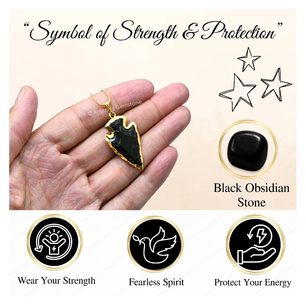 Black Obsidian Arrowhead Pendant - Gold Plated