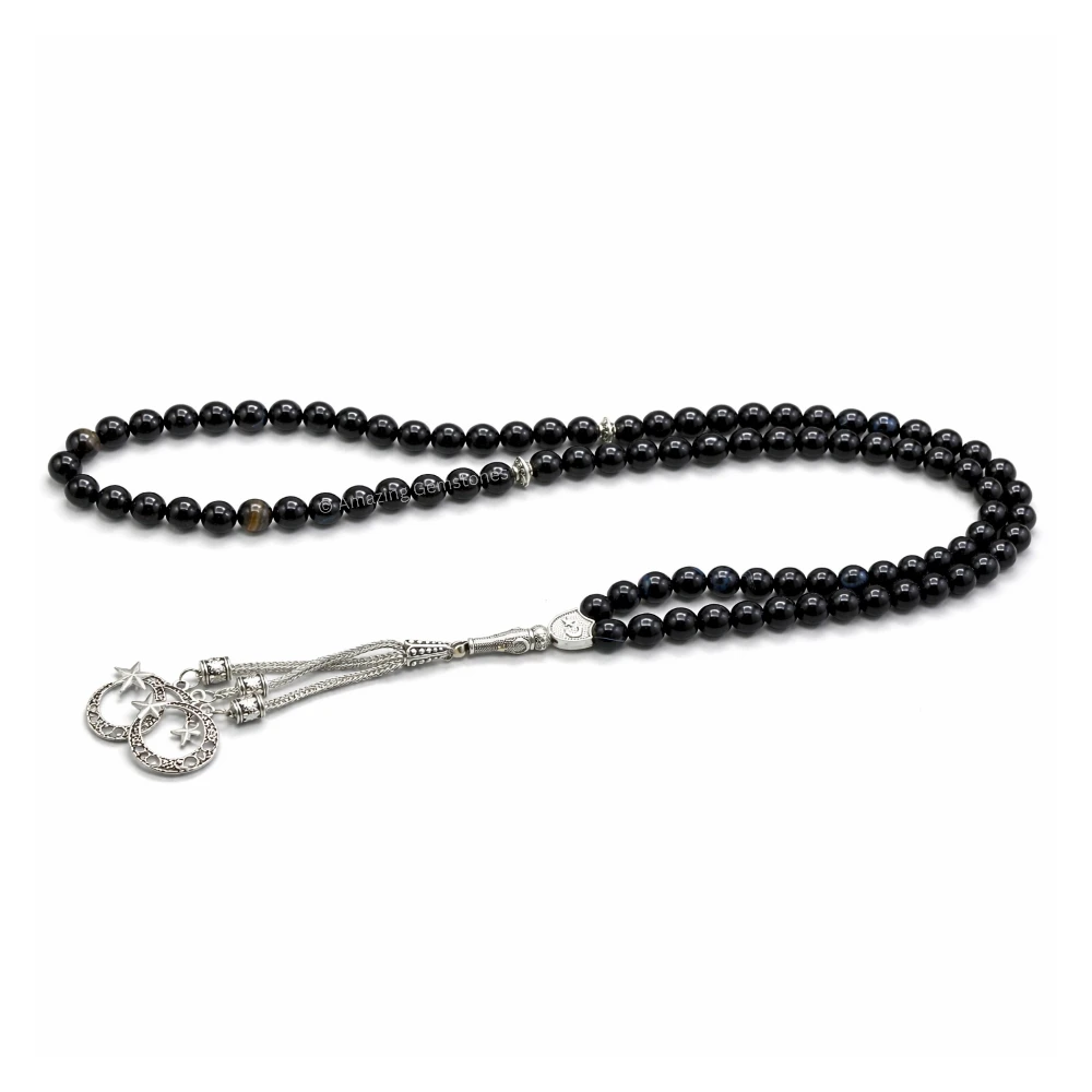 Black Banded Agate Crystal Tasbeeh Sibha Prayer Beads (Silver)