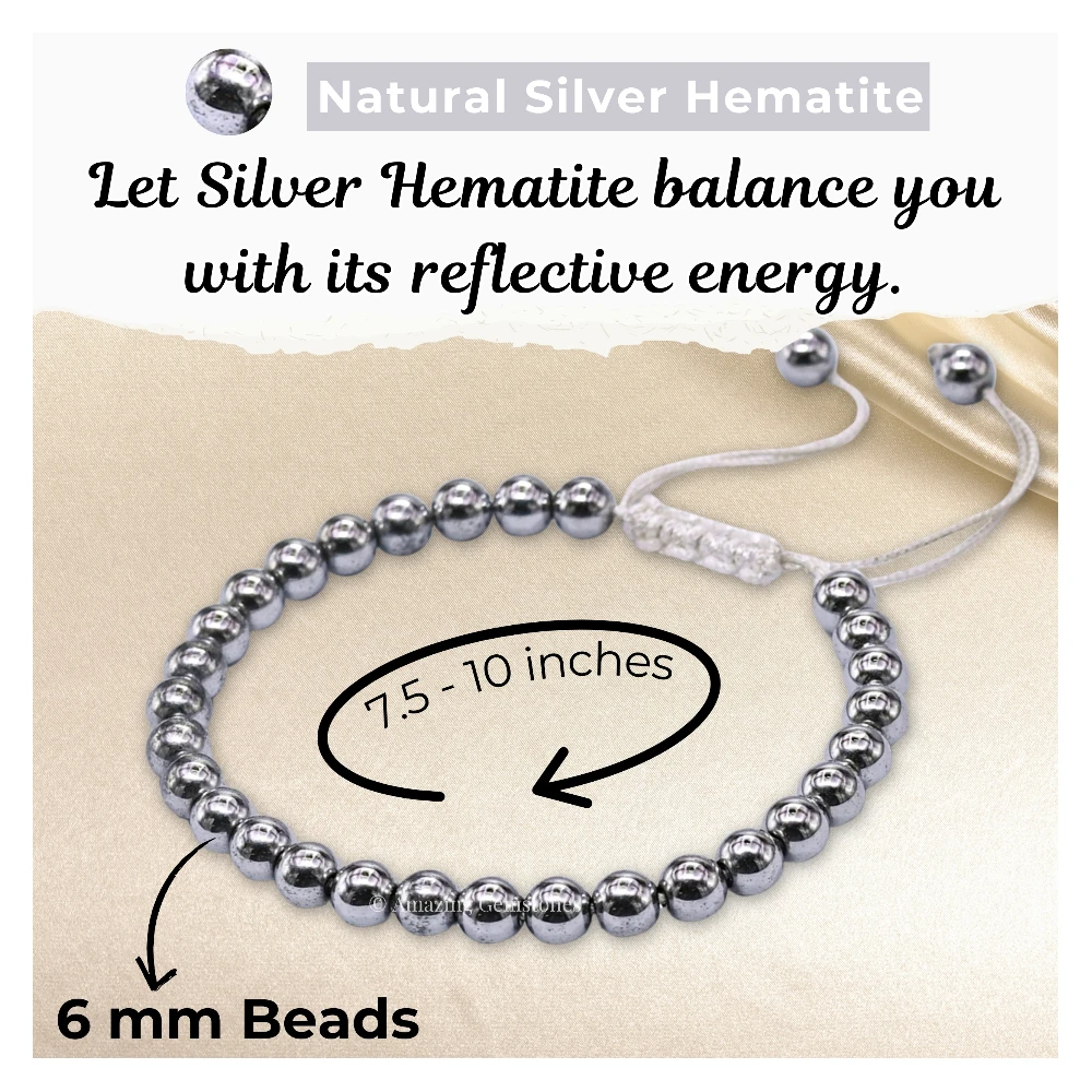 Silver Hematite Healing Crystal Bracelets - 6mm Beads (Adjustable)