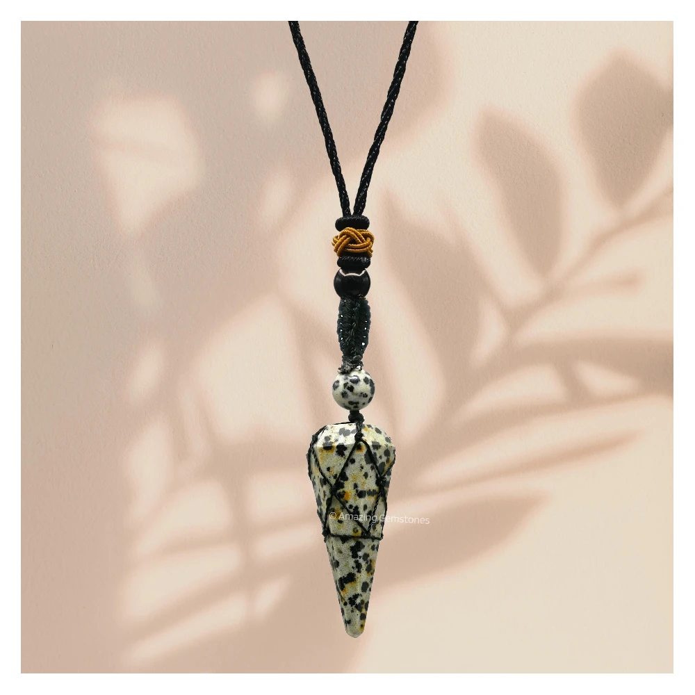 Dalmatian Jasper Pendulum Pendant Necklace (Macrame)