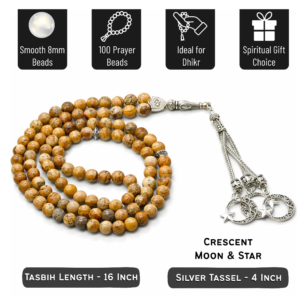 Picture Jasper Crystal Tasbeeh Sibha Prayer Beads (Silver)