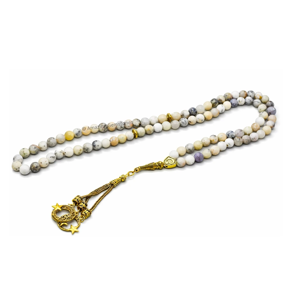 Dendrite Opal Crystal Tasbeeh Sibha Prayer Beads (Gold)