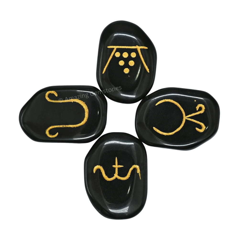 Black Agate Seasonal Pagan Wiccan Engraved Stones (Set of 4)