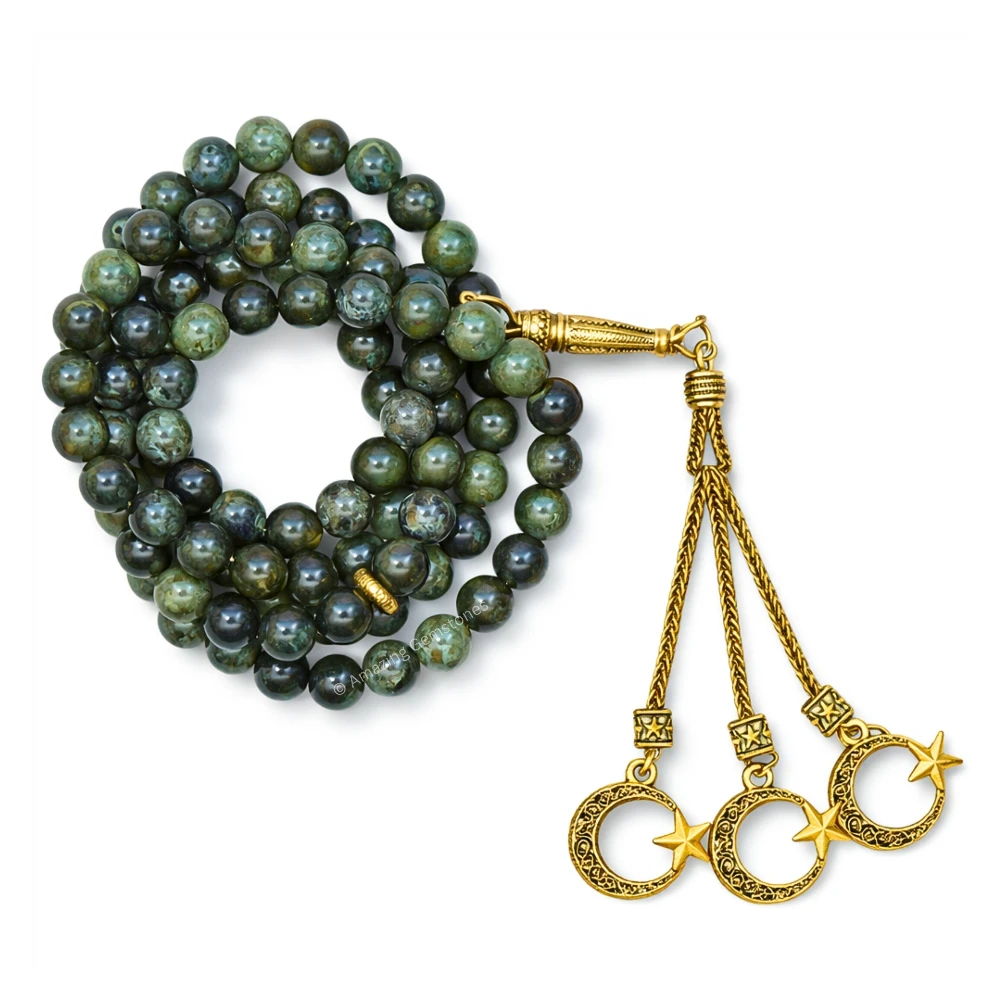 Kambaba Jasper Crystal Tasbeeh Sibha Prayer Beads (Gold)