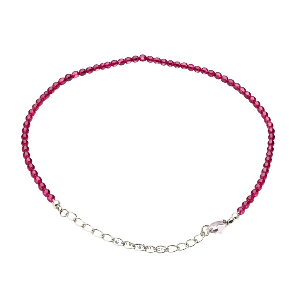 Pink Garnet Crystal Bracelet - 2mm Faceted Bead (Silver)