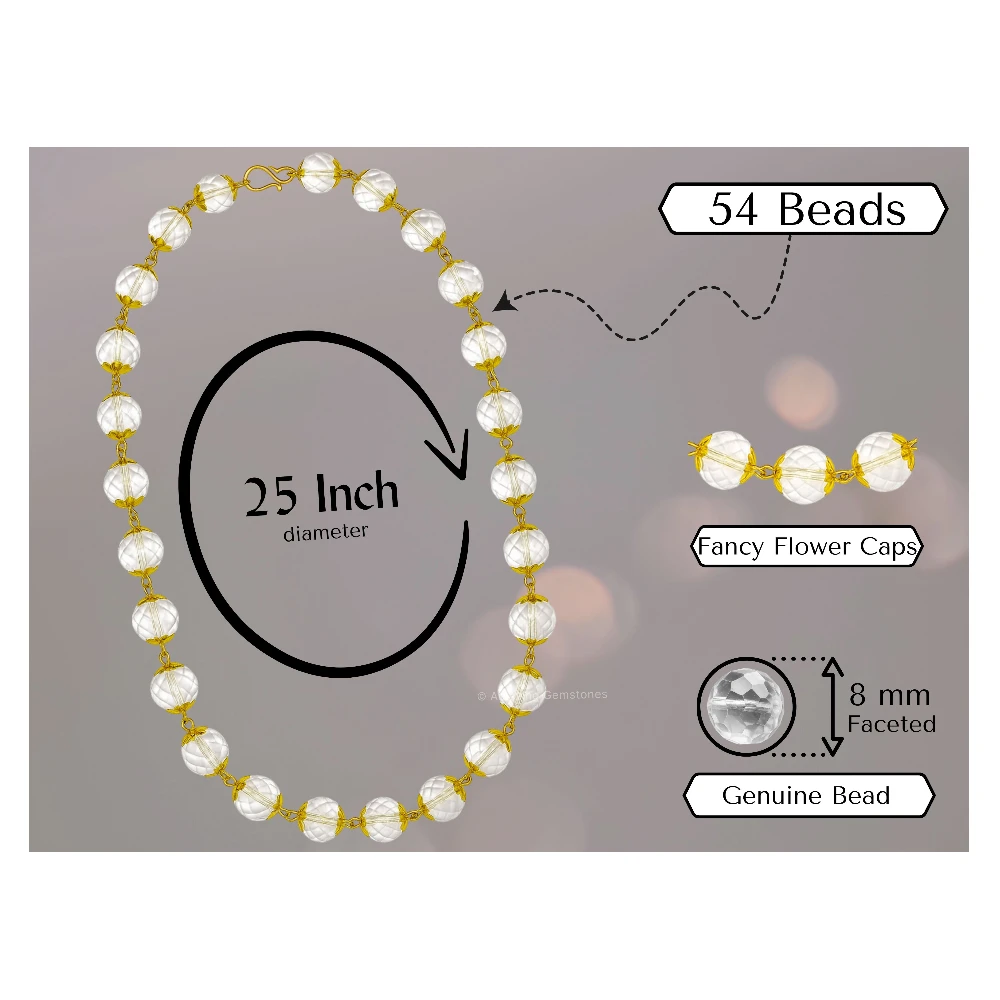 Crystal Quartz Sphatik Mala Necklace (Gold Chain - Faceted)