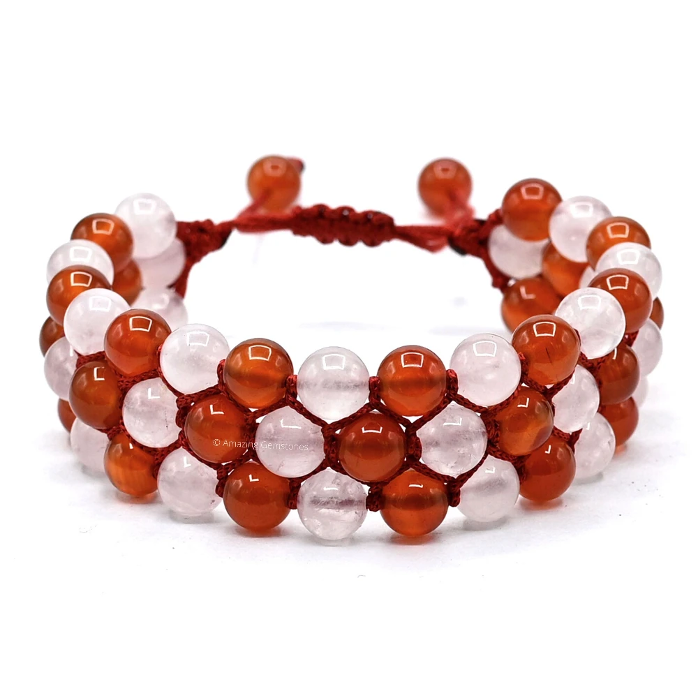 Carnelian Rose Quartz Bracelet - Triple Layer