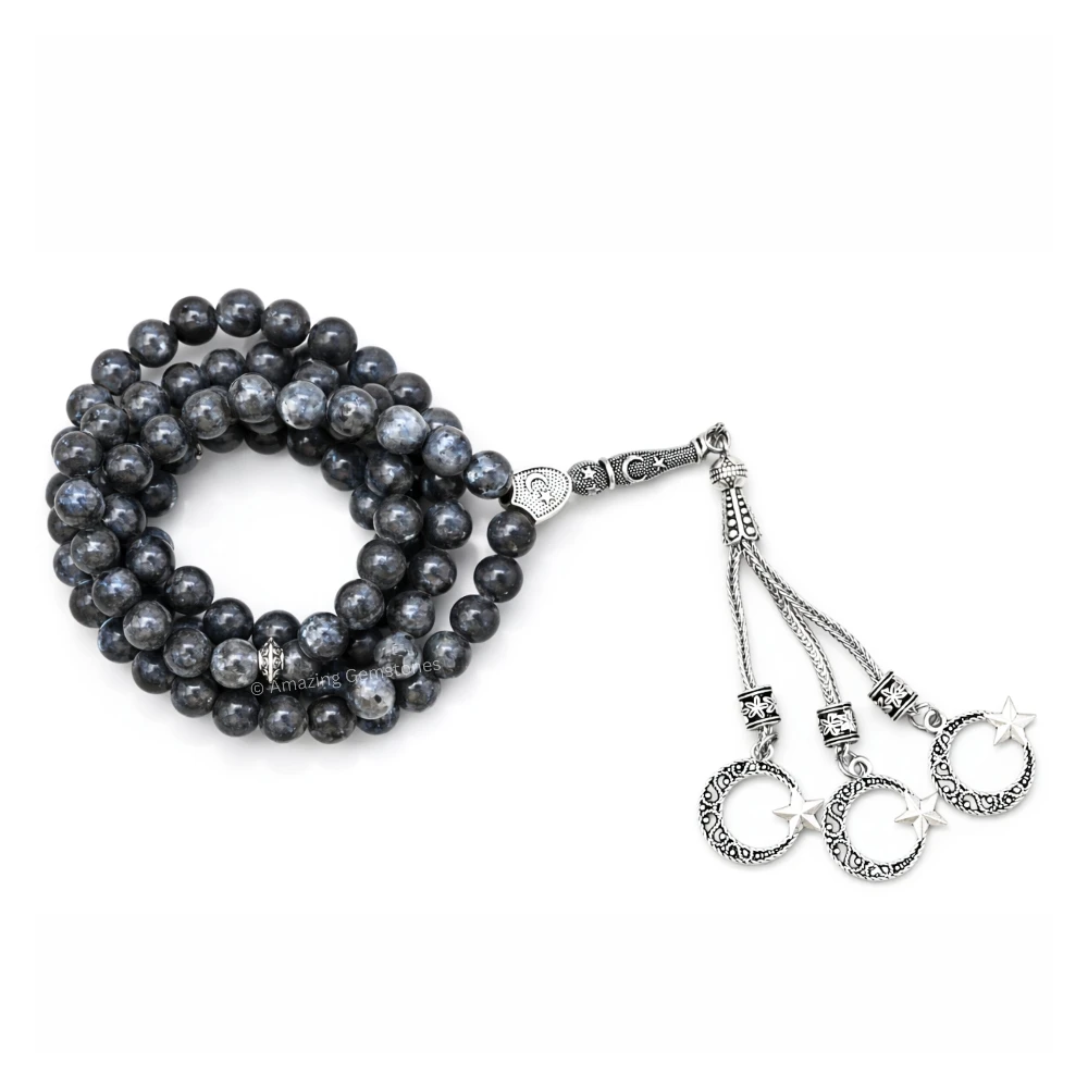 Larvikite Crystal Tasbeeh Sibha Prayer Beads (Silver)