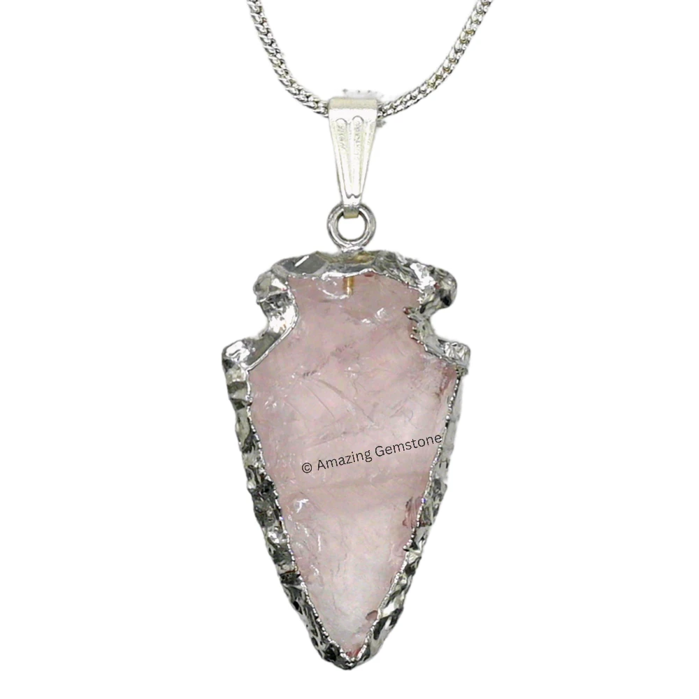 Rose Quartz Arrowhead Pendant - Silver Plated