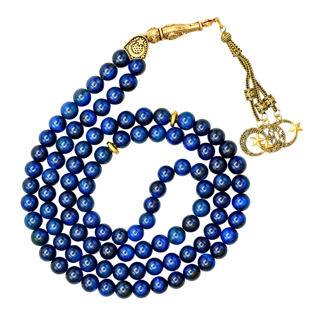 Blue Tiger Eye Crystal Tasbeeh Sibha Prayer Beads (Gold)