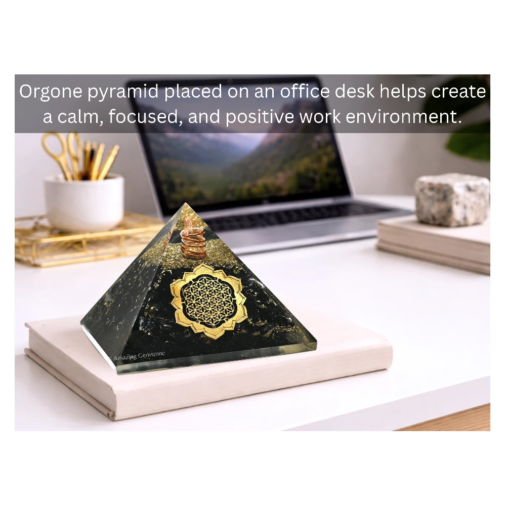 Black Tourmaline Orgone Pyramid - Lotus Flower of Life